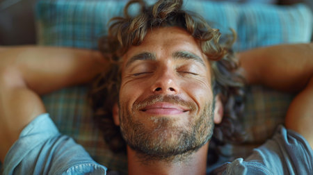 A man laying on a bed with his eyes closed, AIの素材