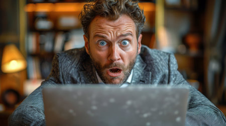 A man in a suit looking at the camera while sitting on top of his laptop, AIの素材