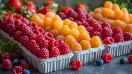 A bunch of different types of fruit in white trays, AIの素材