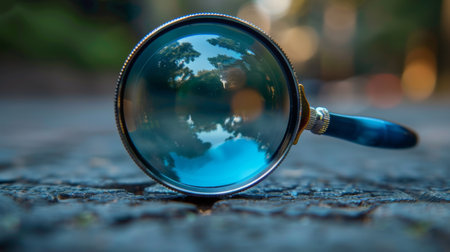 A magnifying glass is on the ground with a reflection of trees, AIの素材