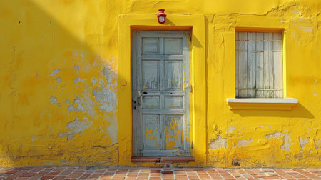 A yellow wall with a door and window on it, AIの素材
