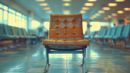 A chair sitting in a room with many chairs and tables, AIの素材