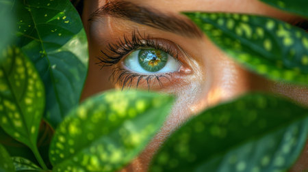 A close up of a womans eye looking through leaves, AIの素材