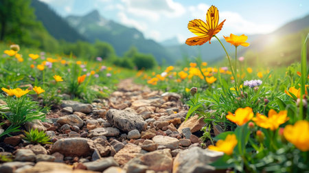 A butterfly sitting on a rock in the middle of some flowers, AIの素材