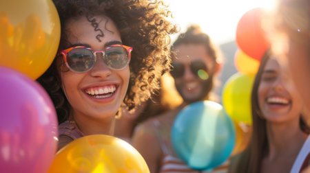 A group of people with sunglasses and balloons in the background, AIの素材