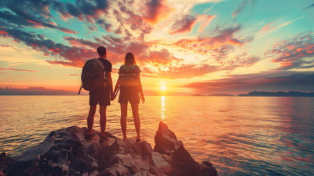 Two people standing on a rock looking at the sunset, AIの素材