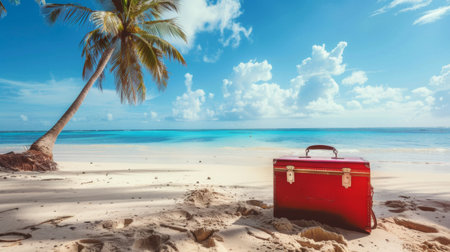 A red suitcase sitting on the beach next to a palm tree, AIの素材