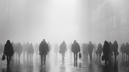 A group of people walking in a foggy city with umbrellas, AIの素材