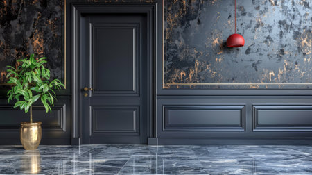 A black and gold room with a potted plant in front of the door, AIの素材
