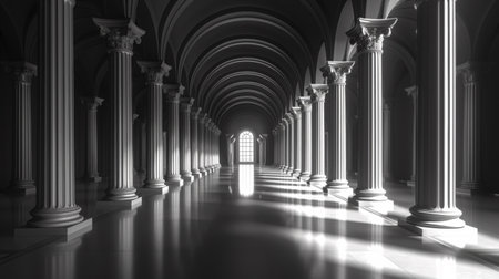 A long hallway with pillars and a window in the middle, AIの素材