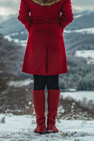 A woman in red coat standing on snowy hillside with mountains behind her, AIの素材