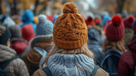 A group of people wearing hats and coats in a crowd, AIの素材