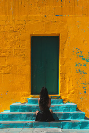 A woman sitting on steps in front of a yellow and blue door, AIの素材