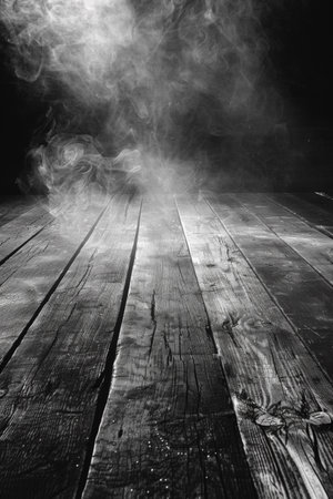 A black and white photo of a wooden floor with smoke, AIの素材
