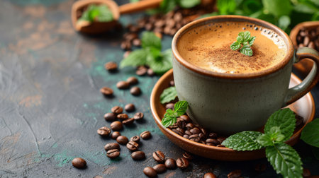 A cup of coffee with mint leaves and beans on a table, AIの素材