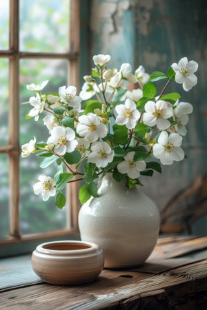 A vase of a white flower arrangement in front of window, AIの素材