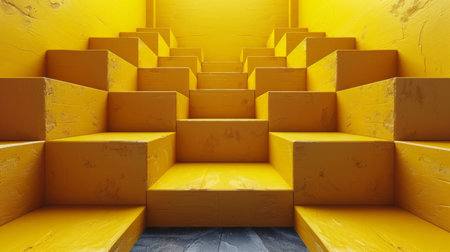 A stairway with yellow walls and a light shining through, AIの素材