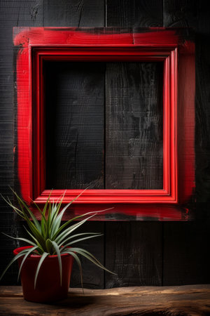 A red frame with a plant in it on the wall, AIの素材