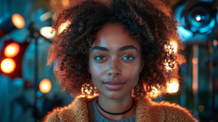 A woman with curly hair posing for a picture in front of lights, AIの素材
