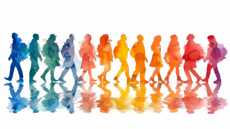 A group of people walking in a line with watercolor splotches, AIの素材