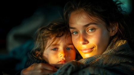 A woman and child in a blanket with the sun shining on them, AIの素材