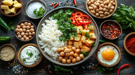 A table with a variety of foods in bowls and plates, AIの素材