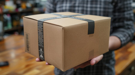 A person holding a box in their hands on top of wood, AIの素材