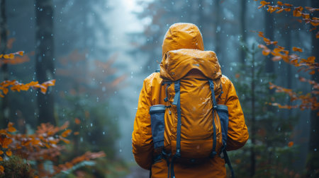 A person in a yellow rain jacket walking through the woods, AIの素材