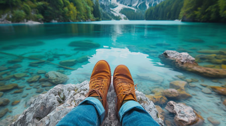 A person wearing brown shoes standing on a rock next to water, AIの素材