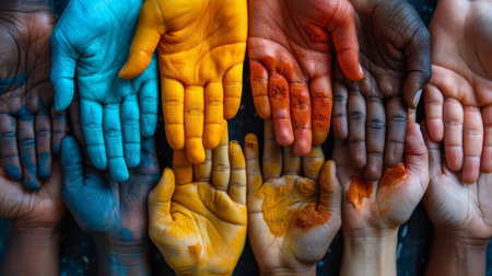 A group of hands painted with different colors are touching each other, AIの素材