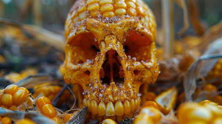 A skull made of corn is surrounded by other skulls, AIの素材