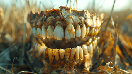 A close up of a part of skull in the grass, AIの素材
