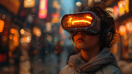 A young child wearing a vr headset in the city, AIの素材