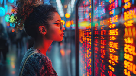 A woman looking at a display of stock prices in an airport, AIの素材