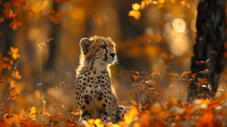A cheetah sitting in the middle of a field with leaves and trees, AIの素材