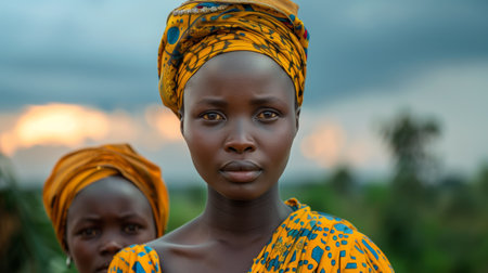 Two women in traditional african dress with one wearing a turban, AIの素材