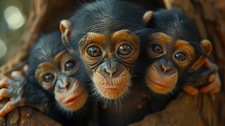 Three baby monkeys are looking at the camera in a tree, AIの素材