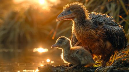 A large bird and small bird standing next to each other, AIの素材