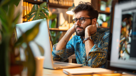 A man sitting at a desk with his hands on the keyboard, AIの素材