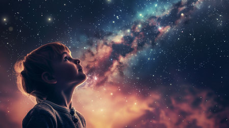 A young boy looking up at a galaxy of stars, AIの素材
