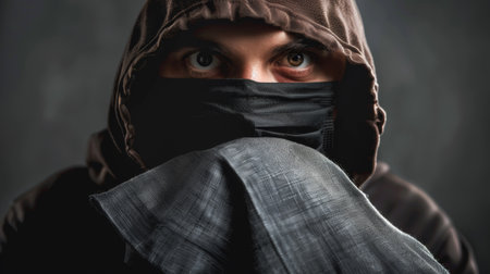 A man in a hoodie covering his face with something, AIの素材