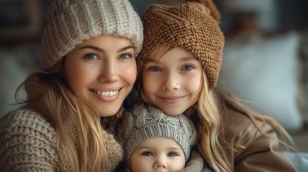 A woman and two children in hats smiling at the camera, AIの素材