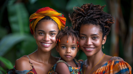 Two women and a child are smiling for the camera, AIの素材