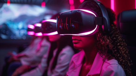 A group of women wearing virtual reality headsets in a dark room, AIの素材