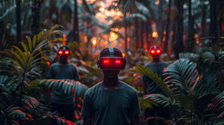 A group of people wearing virtual reality goggles with red lights in a jungle, AIの素材
