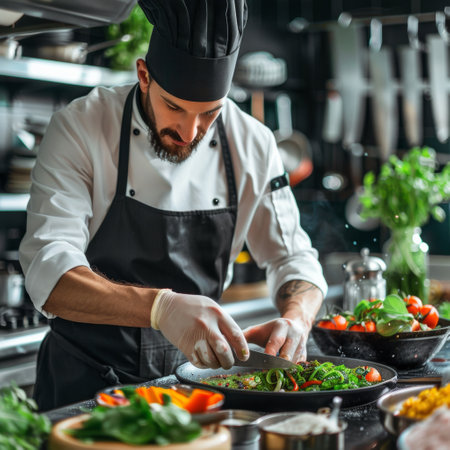 A chef preparing a meal in the kitchen with other chefs, AIの素材