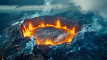 A large hole in the ground with fire coming out of it, AIの素材