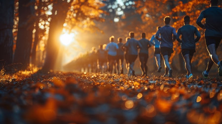 A group of people running in the woods at sunset, AIの素材