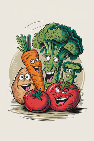 A group of vegetables and fruits with faces drawn on them, AIの素材