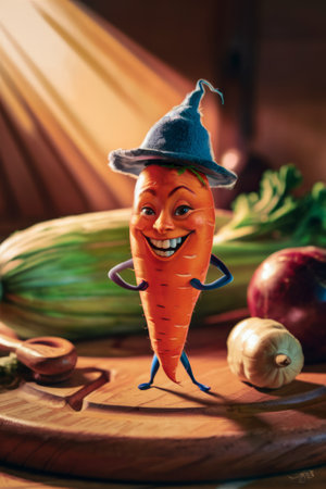 A carrot with a hat on standing next to some vegetables, AIの素材